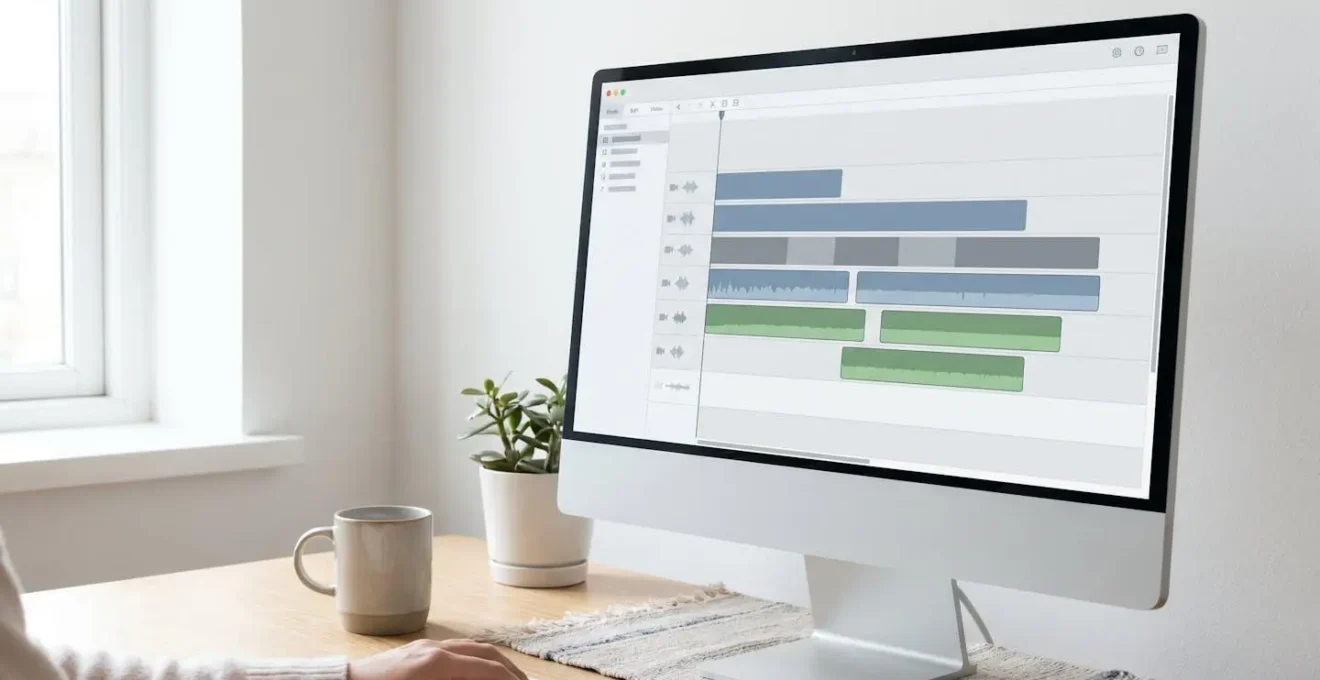 Écran d'ordinateur montrant une interface de timeline de montage vidéo avec organisation claire des pistes et éléments